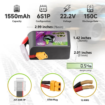 PRE-ORDER Ovonic Rebel 2.0 6S 1550mAh 150C 22.2V FPV Racing Freestyle Lipo Battery Pack - XT60