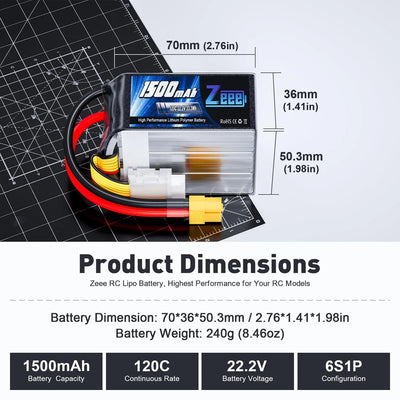 Zeee 6S 22.2V 120C 1500mAh XT60 Lipo Battery for FPV Drone Quadcopter Helicopter Plane