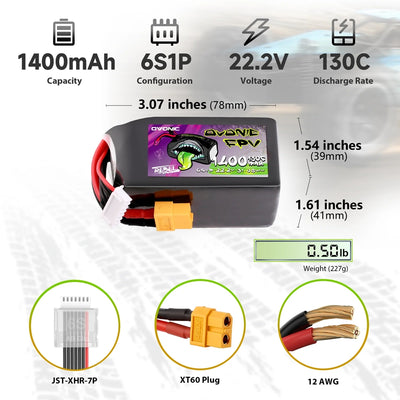 PRE-ORDER Ovonic Rebel 2.0 6S 1400mAh 130C 22.2V FPV Racing Freestyle Lipo Battery Pack - XT60