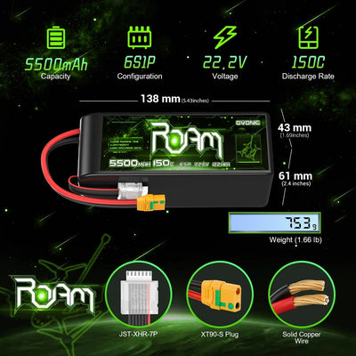 PRE-ORDER Ovonic Roam Series 5500mAh 6S 22.2V 150C/300C Lipo Battery for 7 to 10 inch Drones or EDF Jets - XT90-S Anti Spark Plug